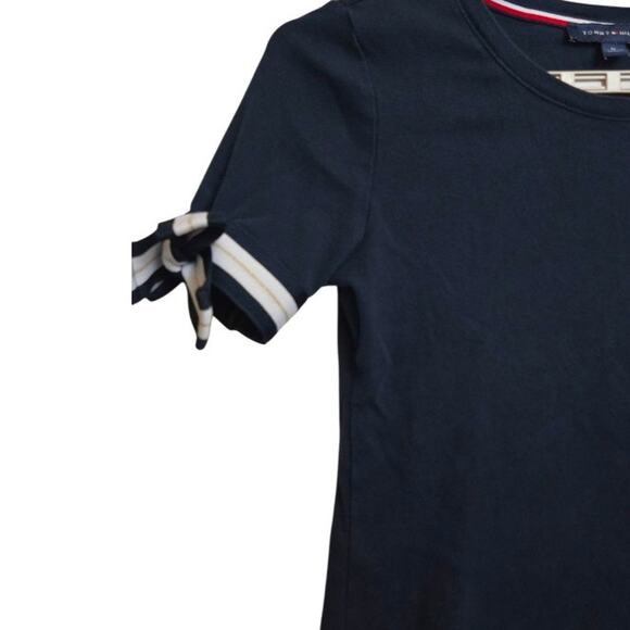 Tommy Hilfiger Women’s Medium Navy Tee Bow Sleeve Detail 100% Cotton Logo Shirt - Picture 6 of 8